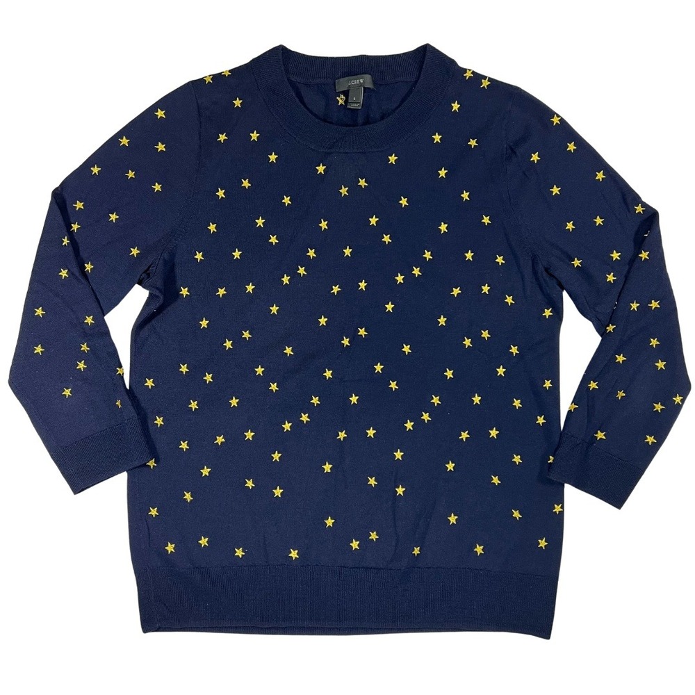 J Crew Tippi Womens L Merino Wool Navy Gold Star 3/4 Sleeve Sweater